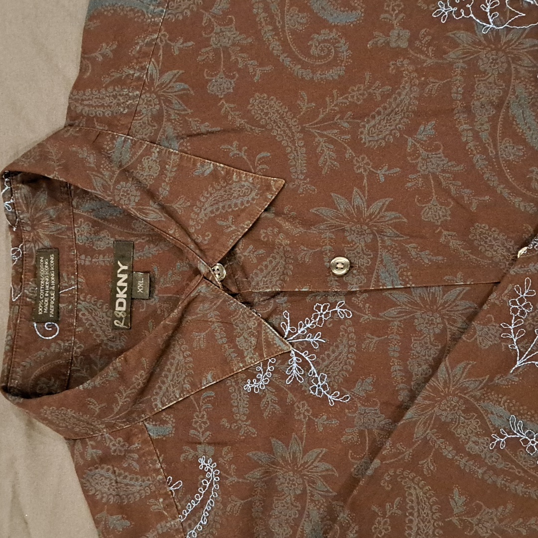 Dkny, Size Xxl, Brown/Blue Print, Long Sleeve Casual Shirt